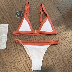 Zaful White Ribbed Bikini with Rust Trim